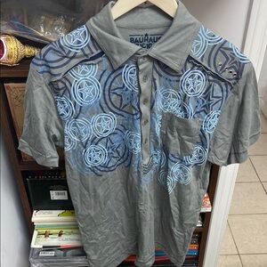 Vintage Bauhaus Gray and Blue Polo Shirt with Ornamental Motifs
